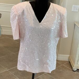 Laurence Kazar vintage v neck sequin/beaded short sleeve top, pale pink, XL, NWT